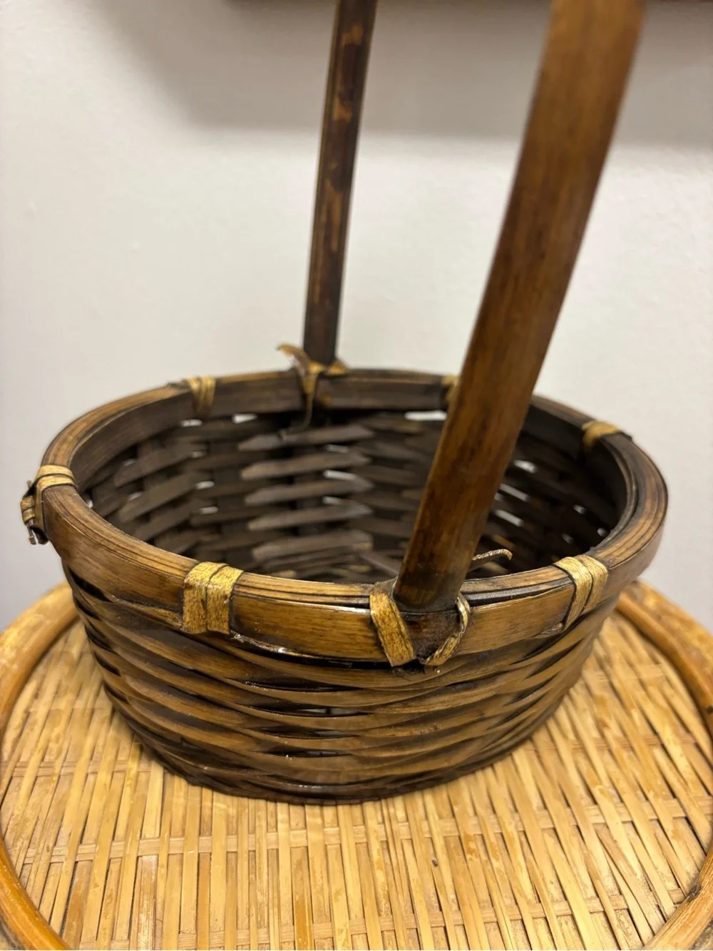 Handwoven Brown Wicker Basket with Tall Handle by